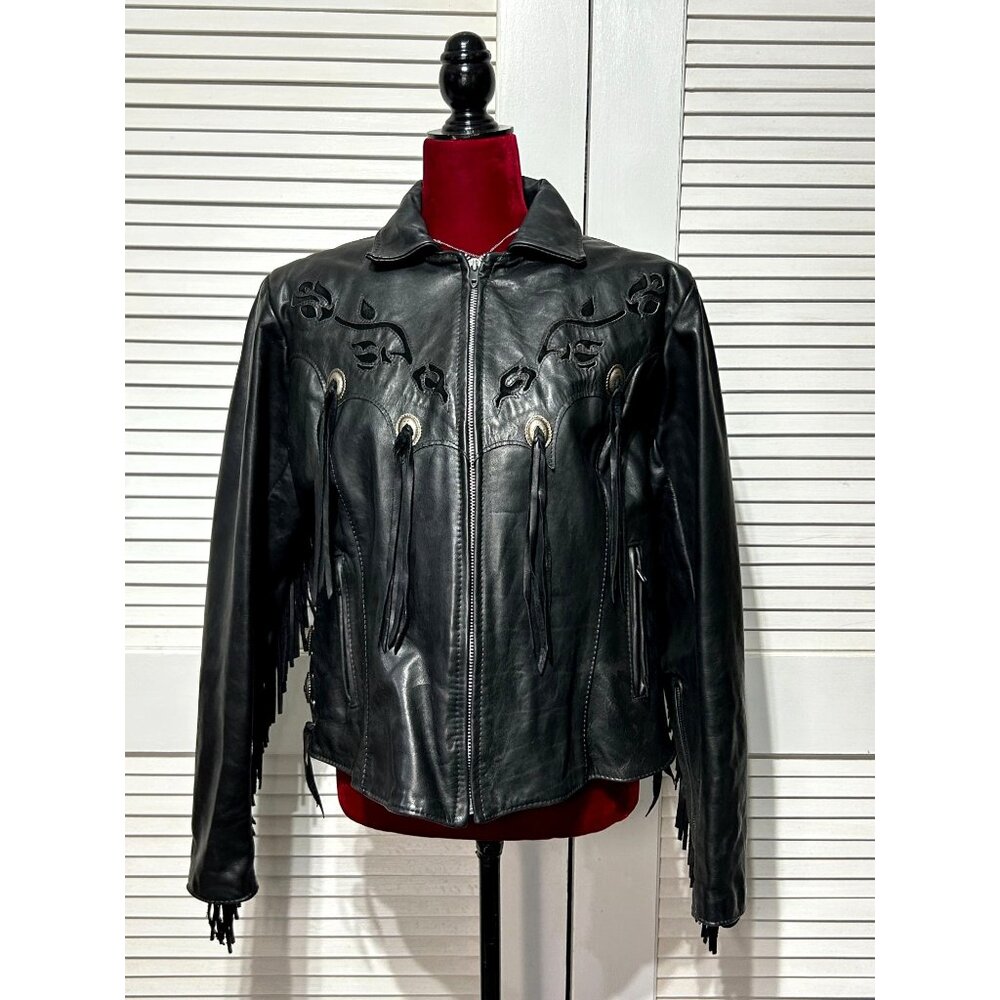 Vintage Gypsy Women's Black Leather Fringe Jacket Western Bohemian Size 18 3085